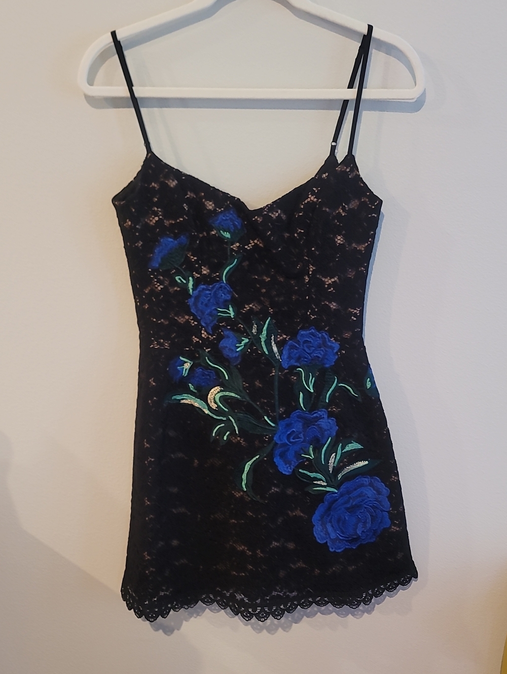 Black Lace Mini Dress with Blue Floral Embroidery